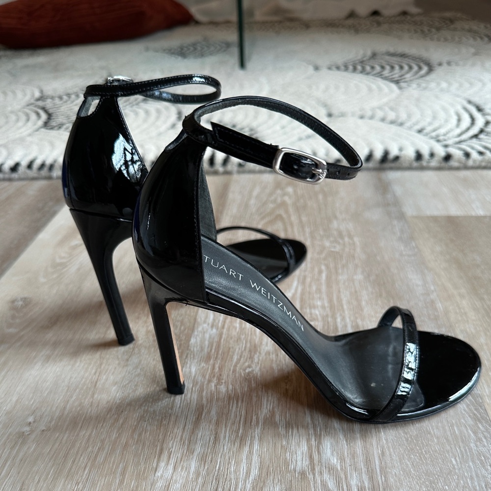 Stuart Weitzman Black Patent Leather Skinny Ankle Strap Heels Sandals 6.5 36.5